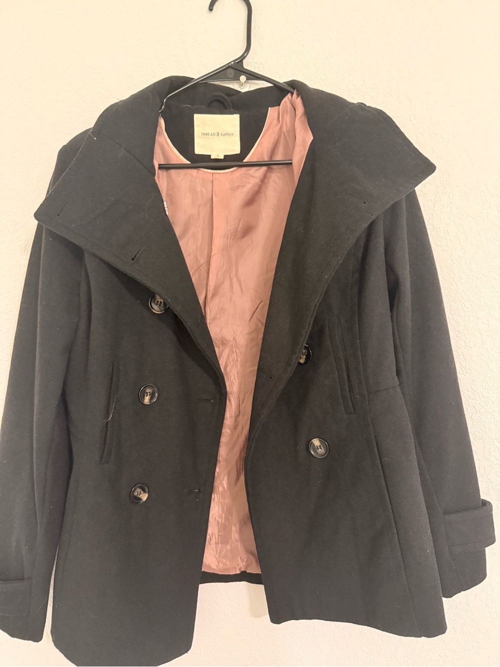 Thread & Supply Black Peacoat with Pink Lining